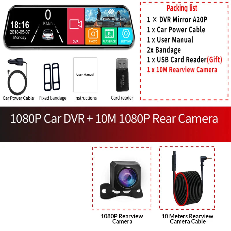 Car Dvr 10 Inch Touch Screen Video Recorder Auto Registrar Stream Mirror Support Rear View Camera Night Vision Dash Cam