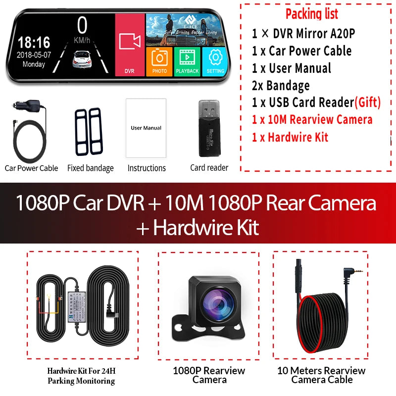 Car Dvr 10 Inch Touch Screen Video Recorder Auto Registrar Stream Mirror Support Rear View Camera Night Vision Dash Cam