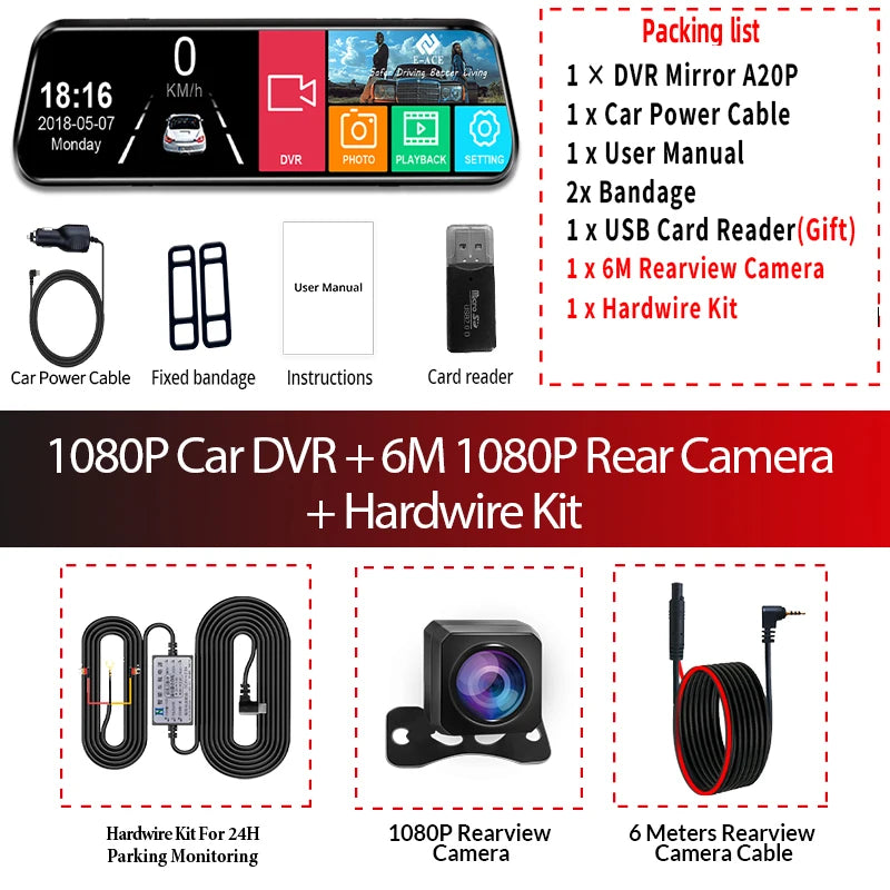 Car Dvr 10 Inch Touch Screen Video Recorder Auto Registrar Stream Mirror Support Rear View Camera Night Vision Dash Cam
