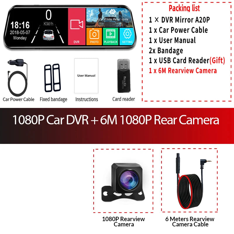 Car Dvr 10 Inch Touch Screen Video Recorder Auto Registrar Stream Mirror Support Rear View Camera Night Vision Dash Cam